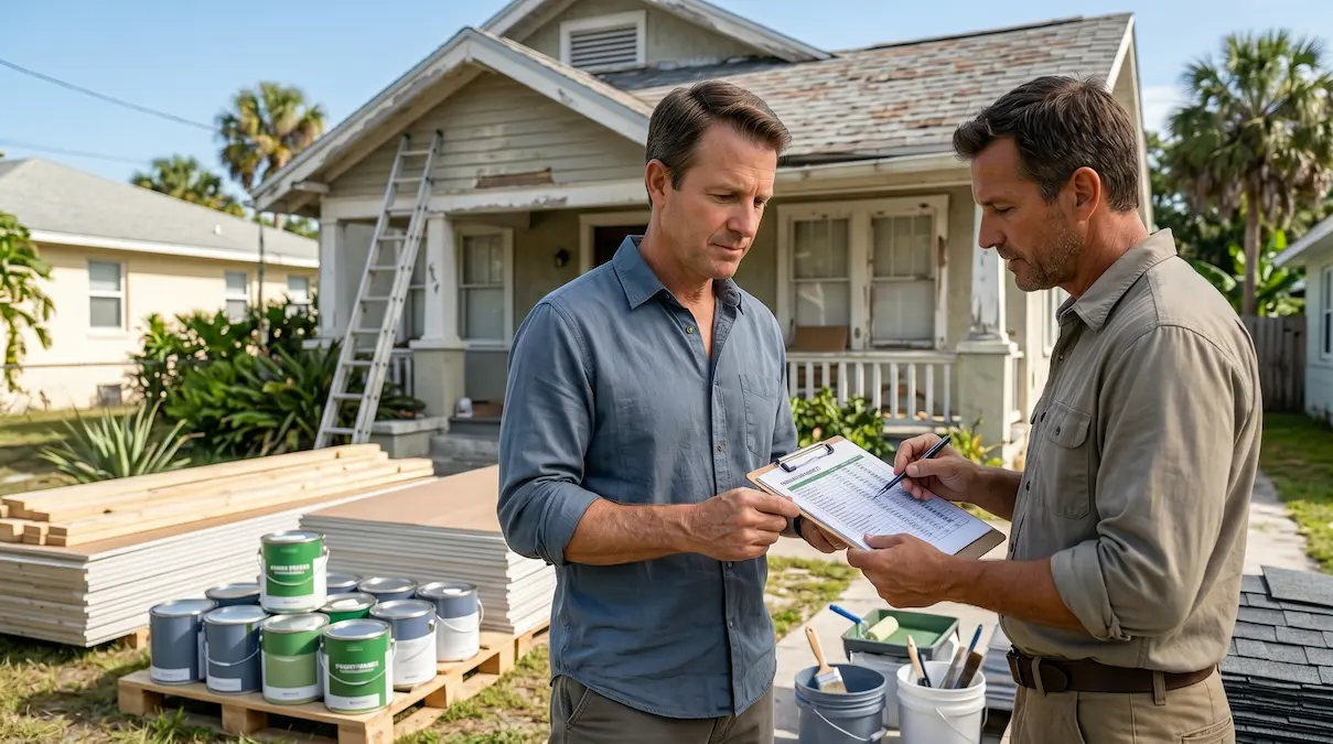 Florida real estate investor and contractor reviewing a fix-and-flip renovation budget