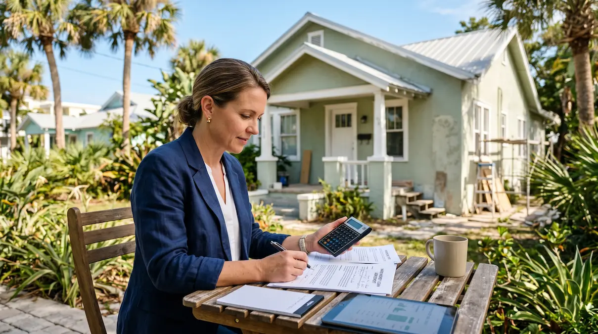 Florida real estate investor reviewing a hard money loan deal outside an investment property