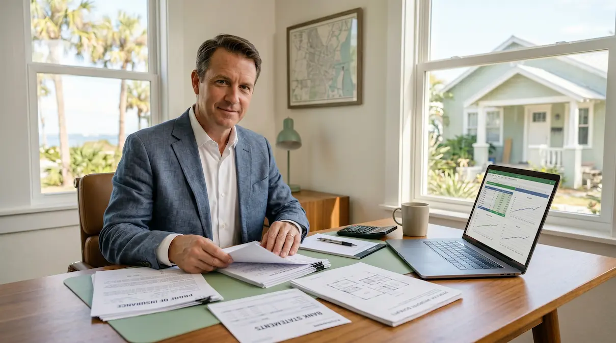 Florida real estate investor organizing hard money loan documents at a desk